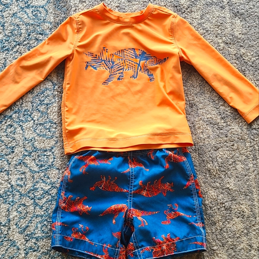 Baby Gap Swimsuit Set Orange and Blue Dinosaur Print Size 2 Year Toddler